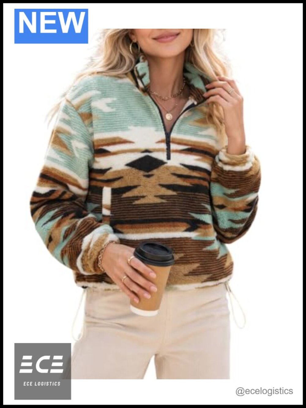 Womens Aztec Print Cropped Sweatshirt Half Zip Fleece Pullover Top